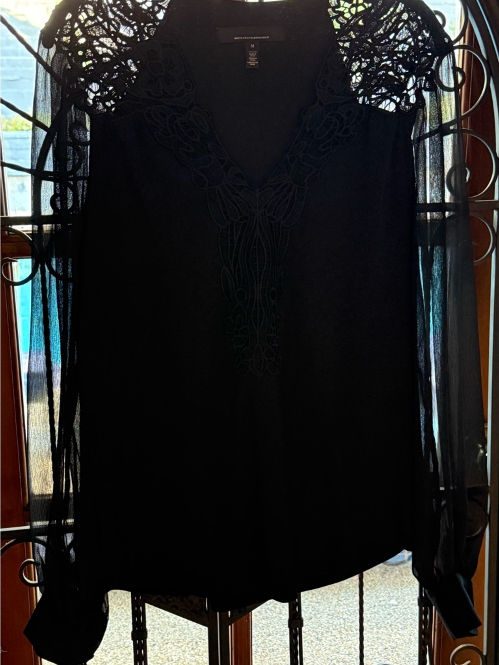 White House Black Market Black Lace-Trim Sheer Sleeve Blouse